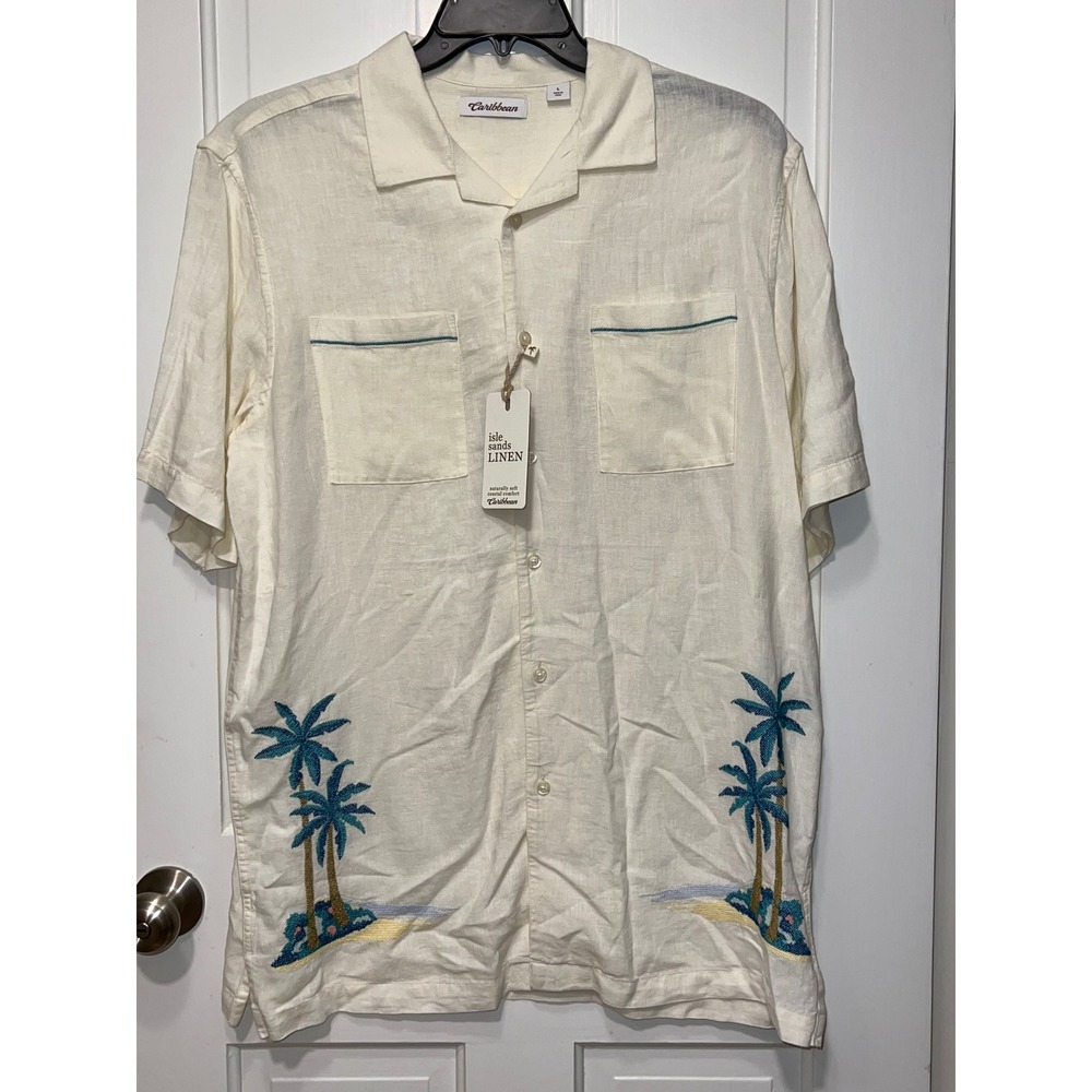NWT Caribbean Isle Sands Linen Shirt Mens Large Palm Tree Embroidered Camp L